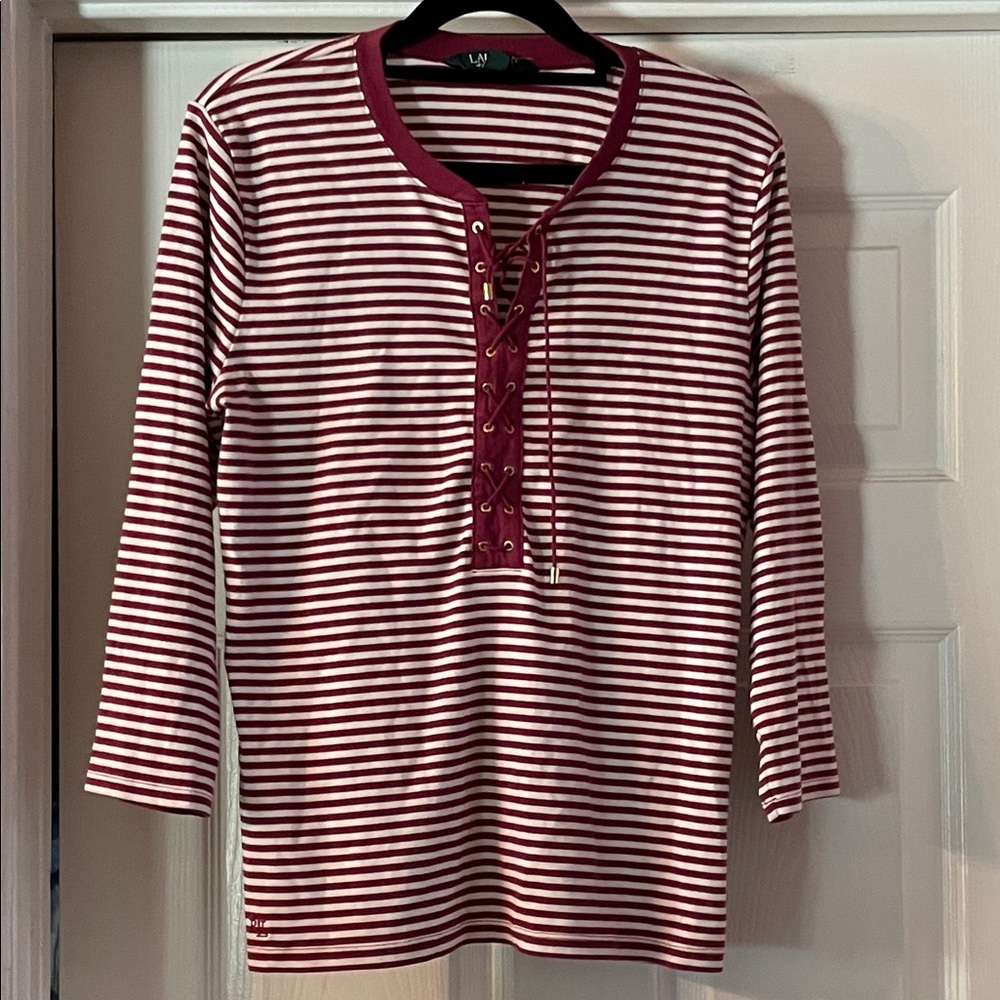 Ralph Lauren Burgundy and White Striped Lace-Up Long Sleeve Tee